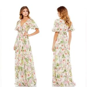 Mac Duggal Floral Maxi Dress in White, Pink, Green